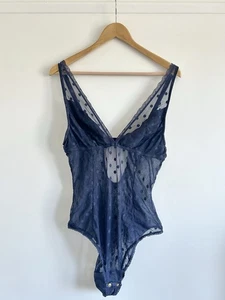 Mimi Holliday Navy Blue Polka Dot Sexy Lace Sheer Lingerie Bodysuit XL (16) - Picture 1 of 16