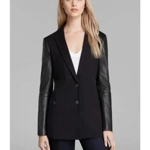 Theory schwarzer Lavey K Ziegenleder Langarm Zwei Knopf Blazer Jacke Größe 4 - Bild 1 von 6