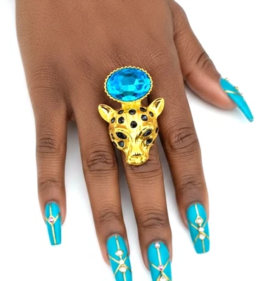 Anillo ajustable llamativo leopardo gato grande jaguar pantera cristal azul turquesa Foto 1 de 3