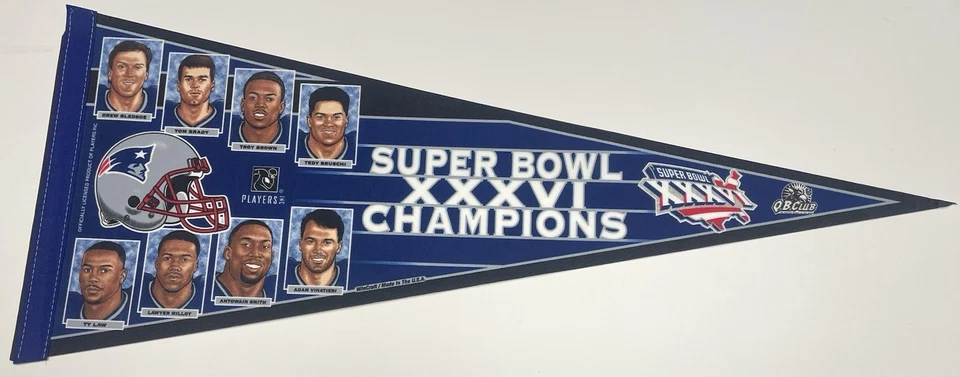 Super Bowl XXXVI Champs Patriots con imágenes de jugadores (12x30") banderín Tom Brady Foto 1 de 1