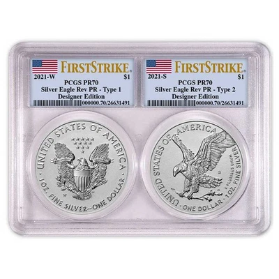 2021 Reverse Proof American Silver Eagle Designer 2 peças conjunto PCGS PR70 FS bandeira - Imagem 1 de 2