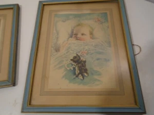 Framed Print Baby with Kitten Signed Harry Roseland Baby's Nursery Decor Vintage - Picture 1 of 2