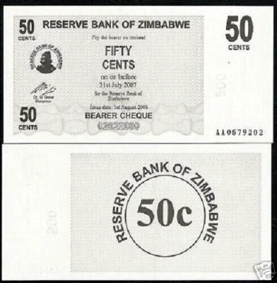 Zimbabwe 50 CENT P-36 2006 x 10 Pcs Lot Bundle Bearer Cheque UNC Zimbabwean NOTE - Image 1 of 4