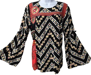 Desigual Boho Flare Sleeve Top M Shirt Black Red Chevron Embroidery Flowy Hippie - Picture 1 of 12
