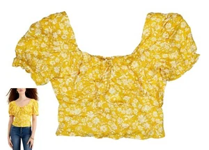 Planet Gold Blumendruck gesmoktes kurzärmliges Oberteil Milchmädchen-Stil L neu mit Etikett gelb - Bild 1 von 1