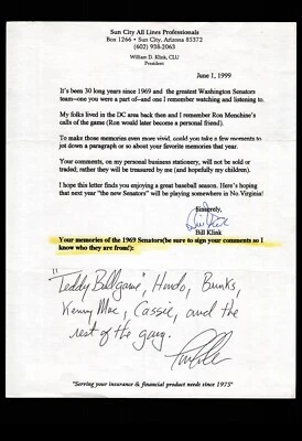 FAN LETTER RESPONSE - TIM CULLEN RE: 1969 WASHINGTON SENATORS, BAS CERTIFIED - Image 1 of 2