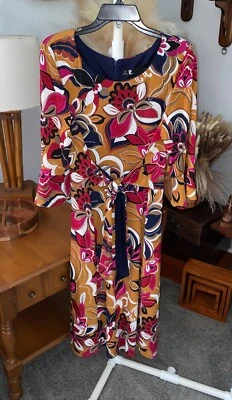 Vintage Women’s Sz 14 Leslie Fay Vibrant Floral Print Lined Dress with Tie Waist - Image 1 of 4