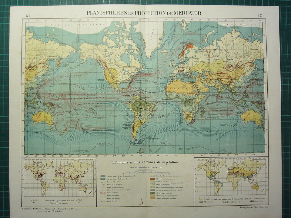 1921 MAP ~ THE WORLD ON MERCATORS PROJECTION OCEAN CURRENTS VEGETATION - Image 1 of 1
