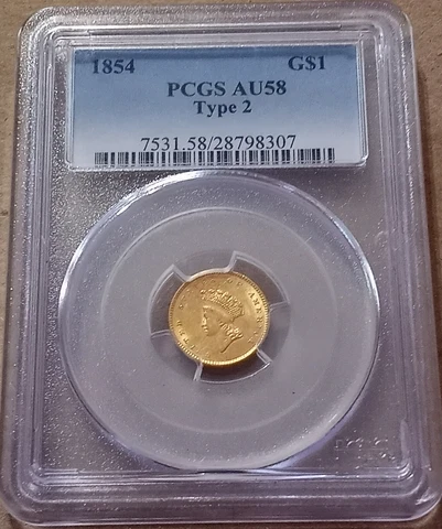 ✰ 1854 Indian Princess $1 GOLD TYPE 2 Coin PCGS AU58 1st Year Est Survival 5000✰ Cover