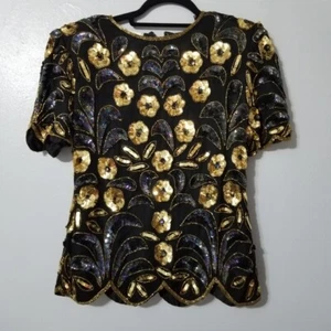 VINTAGE STENAY Black Beaded Sequined Silk Gold Short Sleeve Blouse Size Small - Picture 1 of 12