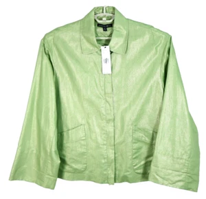 NWT LAFAYETTE 148 NEW YORK Women's Linen Blouse Pocket Glossy Green Size XL $396 - Picture 1 of 17