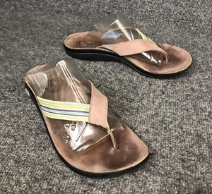 Chaco Womens Sz 10 Yellow Striped & Brown Leather Sandals Flip Flops Thongs EUC - Picture 1 of 9