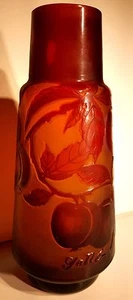 Emile Galle Stil Jugendstil Säure geätzt Milchkamee Glas Vase Obst Bernstein - Bild 1 von 12