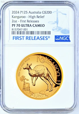 2024 Australian High Relief Proof Kangaroo $200 NGC PF70 .9999 2oz GOLD Coin FR - Image 1 of 4