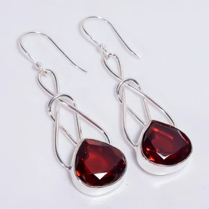Red Garnet Gemstone Ethnic Handmade 925 Sterling Silver Earrings 2.2" KE-408 r20 - Picture 1 of 5