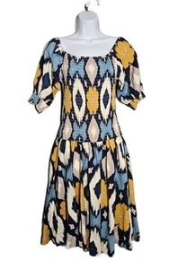 Midnight Velvet Drop Waist Puff-Sleeve Stretch Blue Yellow Fit &Flare Midi Sz M - Picture 1 of 8