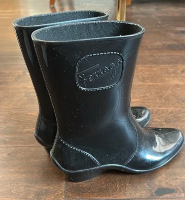 Salvatore Ferragamo Mid-Calf Rain Boots Women's Size 8 Logo Rubber Sole Black - Image 1 of 4