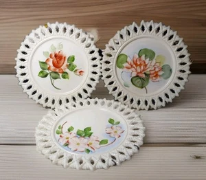Vintage Hand painted Kemple Milk Glass Reticulated 7” Plates , Pink Roses 3 Pcs - Picture 1 of 8