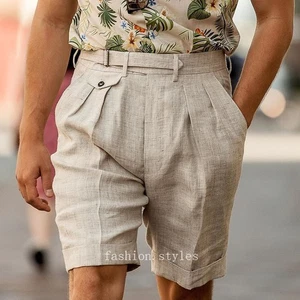 Verano Hombres Moda Recto Algodón Lino Informal Pantalones Talla Grande Pantalones Sueltos Pantalones Cortos - Imagen 1 de 28