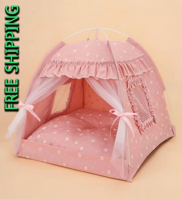 Portable Cat Dog Tent House Small Pink Lace Mesh Breathable Indoor Outdoor Bed - Image 1 of 4