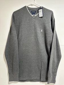 POLO - MEN'S V-NECK LONG SLEEVE SWEATER GRAY w/ WHITE TRIM MEDIUM - NEW w/ TAGS - Picture 1 of 13