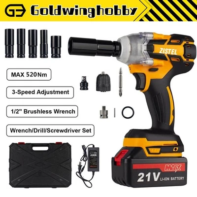ZISTEL 1/2" Brushless Wrench Drill 21V 520NM Power Cordless Impact Wrench W/ Battery