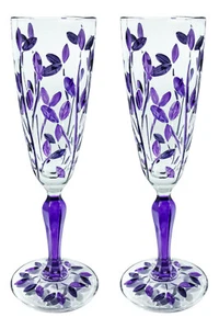 Pair of Murano Glasses Champagne Purple Wine Light Stem Flower Venice - Picture 1 of 3