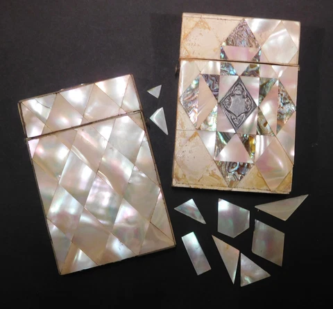 Two Antique Mother of Pearl Card Cases w/ Silver Mounts, For Parts or Repair Cover