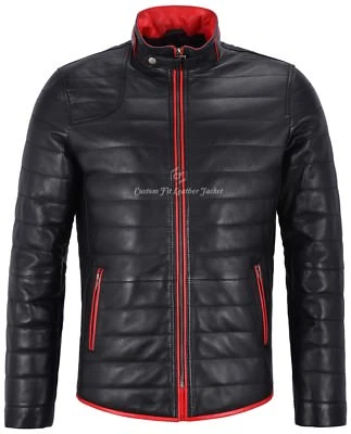 Mens Leather Jacket Black Quilted With Red Trimming Genuine Leather Jacket 4141 - Image 1 of 4