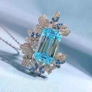 Lab Created 2Ct Emerald Cut Blue Topaz Butterfly Pendant 14k White Gold Plated - Picture 1 of 8