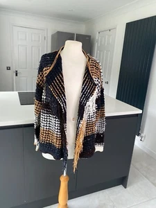 Klass Size XL Western Chunky Tassel Crochet Jacket Cardigan Knitted Brown Black - Picture 1 of 12