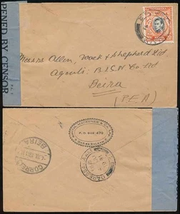 KUT TANGANYIKA to MOZAMBIQUE 1941 BLUE CENSOR TAPE SINGLE 20c...SMITH MACKENZIE - Picture 1 of 1