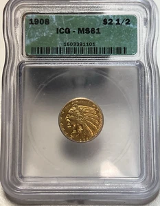 Cuarto de águila de oro Indian Head 1908 2,5 MS61 ICG caja graduada 103 - Imagen 1 de 2