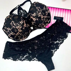 Victorias Secret Conjunto de sujetador y bragas de encaje negro JUEGO DE SUJETADOR PUSH-UP 32D//M NUEVO - Imagen 1 de 9