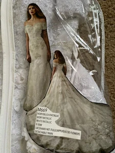 wedding dress Ivory blush metallic lace hard net tulle appliqué 3 D flowers with - Picture 1 of 6