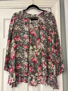 Kori America Floral Top Bell Sleeve Women Sz Large Boho Peasant. Casual Work - Picture 1 of 7