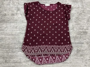 Pink Rose Top Womens Small Red Short Sleeve Patterned Hi Low Hem Casual - Picture 1 of 11