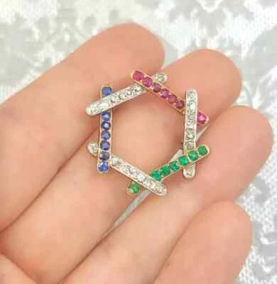 2CT Lab-Created Diamond Sapphire Ruby Emerald Brooch Pin 14K Yellow Gold Plated - Image 1 of 4