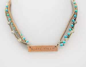Bless Your Heart Copper Tone Pendant Multi Strand Necklace Beaded Leather - Picture 1 of 11