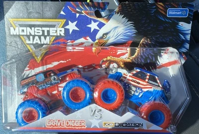 Monster Jam Grave Digger vs JCB Digatron Stars&Stripes 2025 exclusivo de Wal-Mart Foto 1 de 4