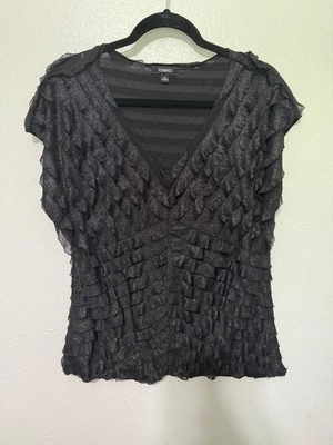 Elementz Top Black Metallic Ruffled V Neck Womans XL - Image 1 of 4