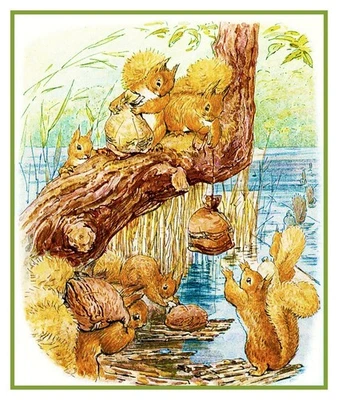 Beatrix Potter Squirrel Nutkin Family Nuts Counted Cross Stitch Chart Pattern - Image 1 of 4