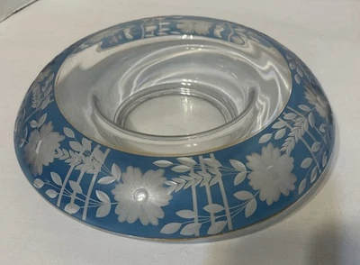 Consola cuenco vintage azul floral flor vidrio grabado transparente Foto 1 de 4