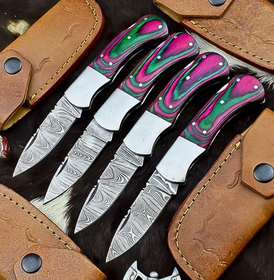 Lote de 4 CUCHILLOS PLEGABLES DE BOLSILLO DE ACERO DAMASCO PIEZAS, CUCHILLOS DE BOLSILLO CON FUNDA Z-1953 Foto 1 de 4