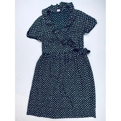 J. Vestido de seda a lunares negro Crew, cuello con volantes, SS, cintura atada, talla 6-GUC Foto 1 de 4