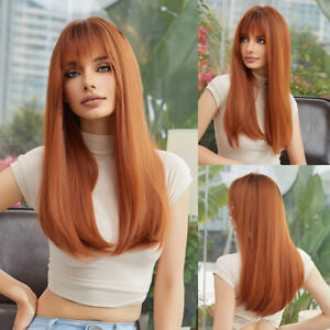 ELEMENT Long Straight Wigs Orange Synthetic Wigs with Bangs for Women Daily