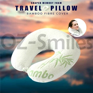 U Neck Pillow Flight Support Cushion Shaped BAMBOO MEMORY FOAM TRAVEL PILLOW - Picture 1 of 3
