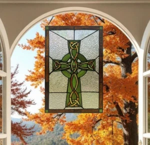 Green Celtic Cross Tiffany Style Stained Glass Suncatcher Window Panel 12x18in - Picture 1 of 6