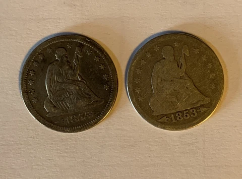 SEATED LIBERTY .25 1853 arrows & rays and 1855 arrows (2) COINS Cover