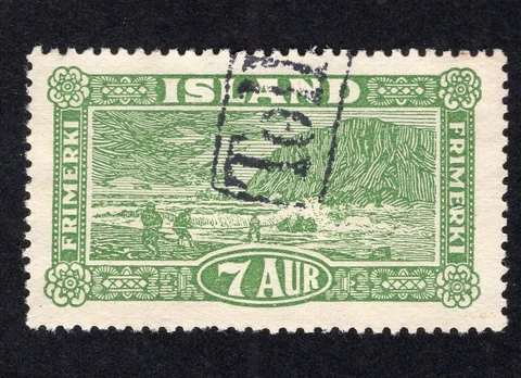 Iceland 1925 7a yellow green Mail Landing, Scott 144 Revenue Cancel Cover